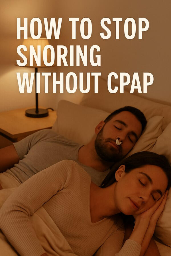 A frustrated couple in bed—one trying to sleep while the other snores—under the headline “How to Stop Snoring Without CPAP.”